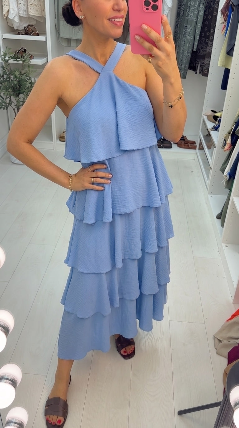 Wendelyn Plain Ruffled Halter Neck Maxi Dress