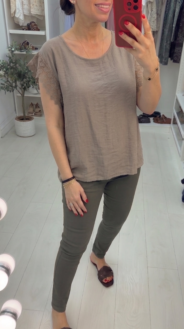 Isabela Plain Crochet Sleeve Detailed T-Shirt
