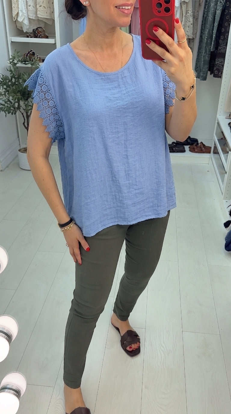 Isabela Plain Crochet Sleeve Detailed T-Shirt