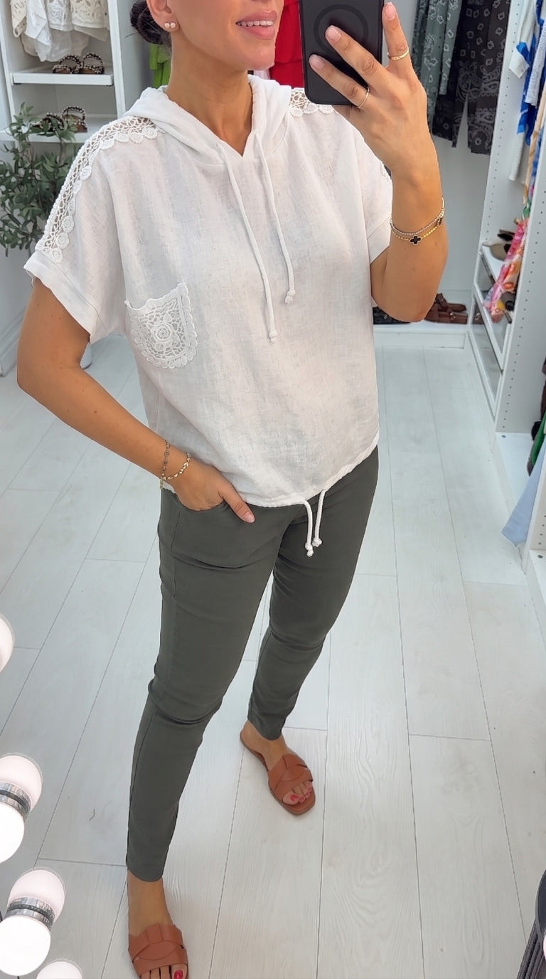 Taytum Crochet Detailed Hooded Short Sleeve Top