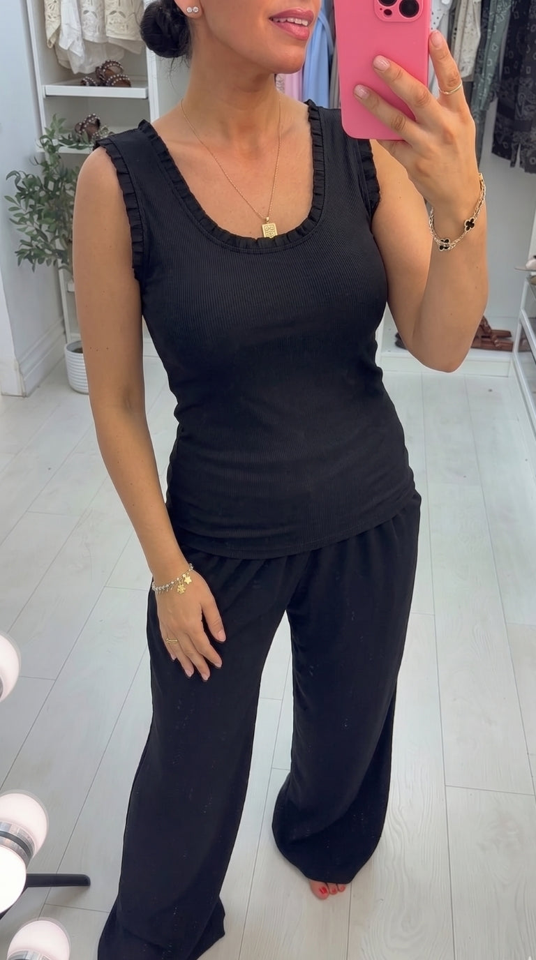 Sashia Plain Ribbed Frill Trim Vest Top