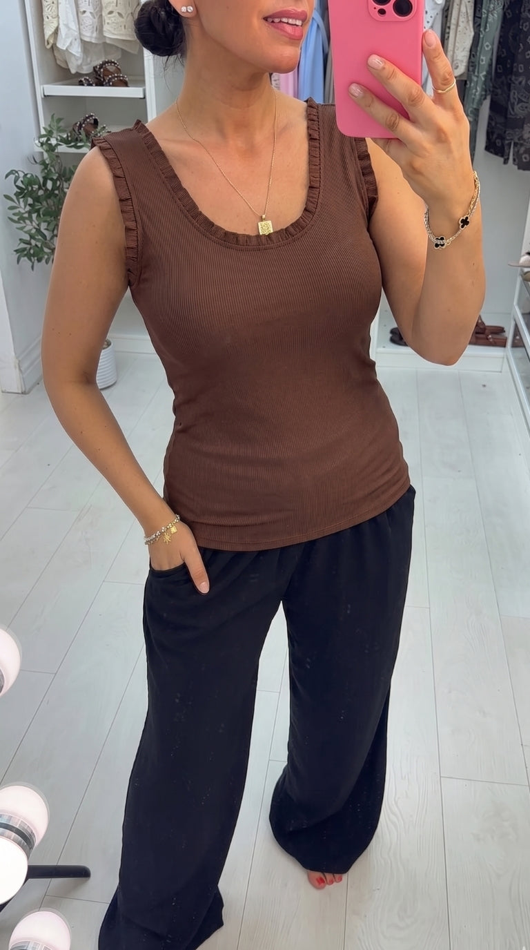 Sashia Plain Ribbed Frill Trim Vest Top