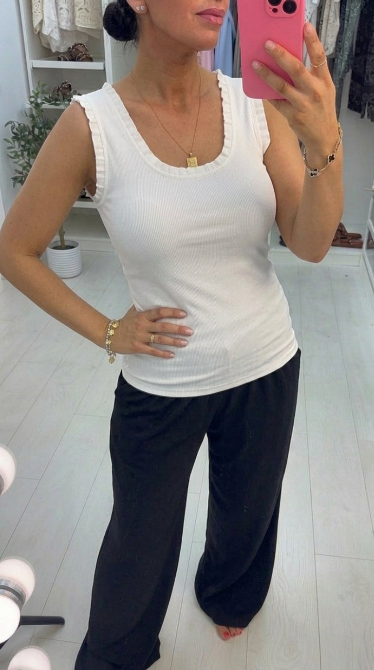 Sashia Plain Ribbed Frill Trim Vest Top