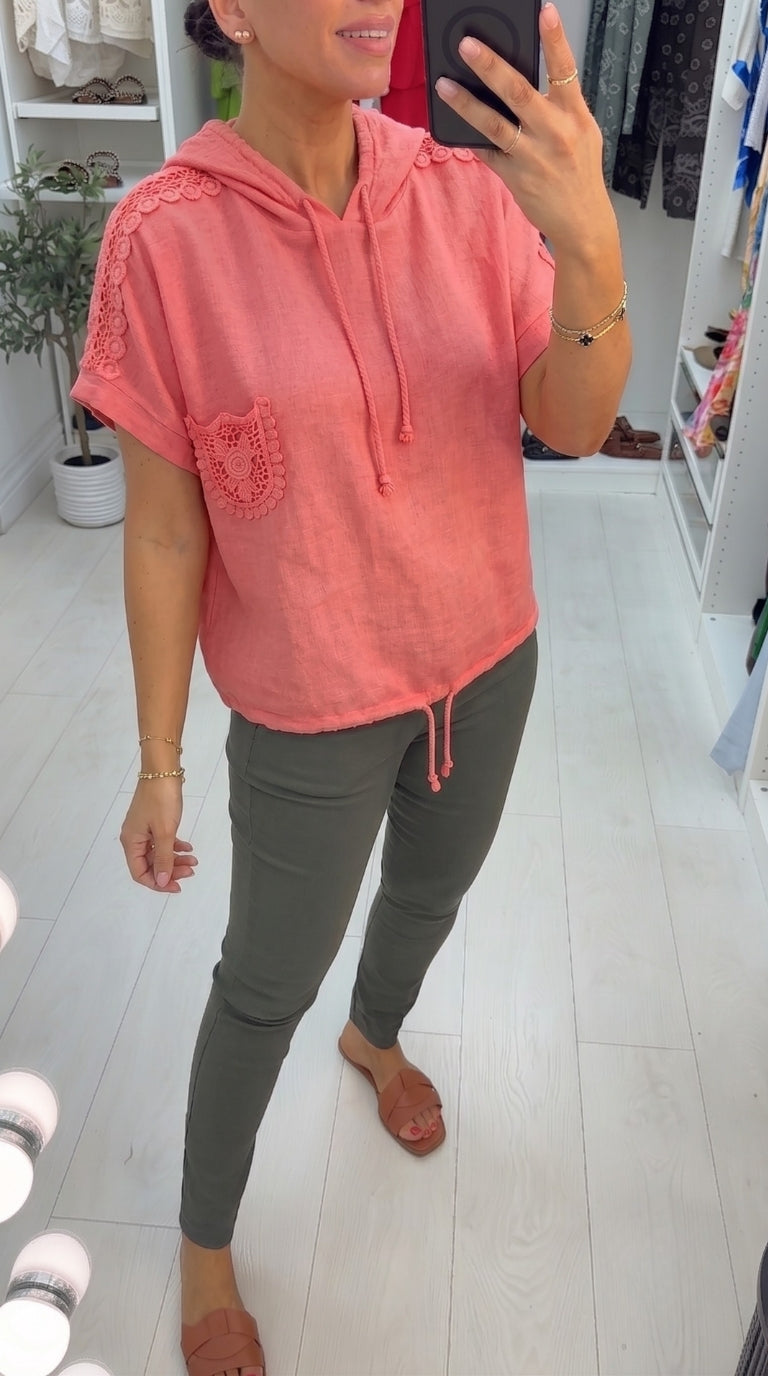 Taytum Crochet Detailed Hooded Short Sleeve Top