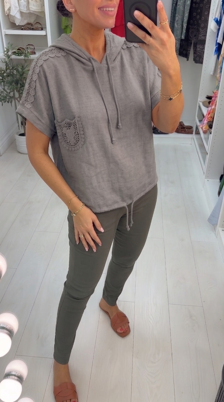 Taytum Crochet Detailed Hooded Short Sleeve Top
