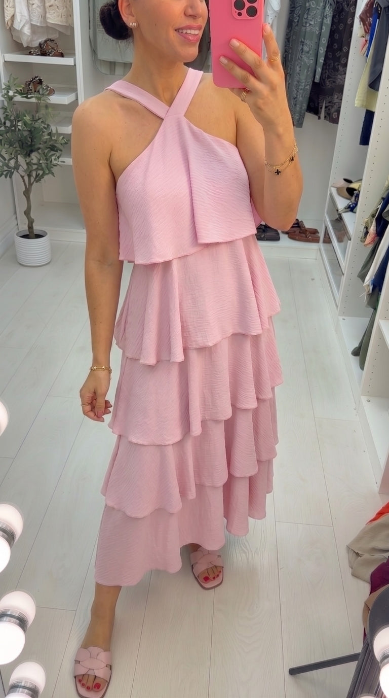 Wendelyn Plain Ruffled Halter Neck Maxi Dress