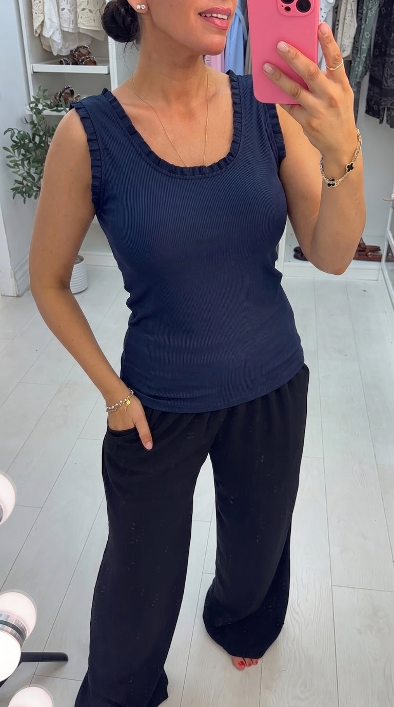 Sashia Plain Ribbed Frill Trim Vest Top