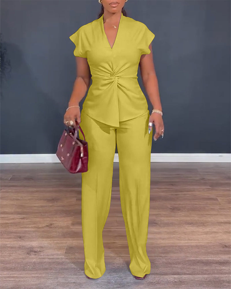 2 Pieces Outfit V-Neck Short Sleeve Twist Front Zipper Back Top and Straight Leg Pants Set Casual Commuting Set