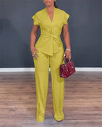 2 Pieces Outfit V-Neck Short Sleeve Twist Front Zipper Back Top and Straight Leg Pants Set Casual Commuting Set