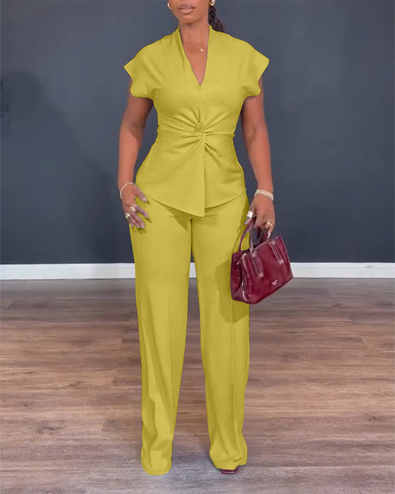 2 Pieces Outfit V-Neck Short Sleeve Twist Front Zipper Back Top and Straight Leg Pants Set Casual Commuting Set
