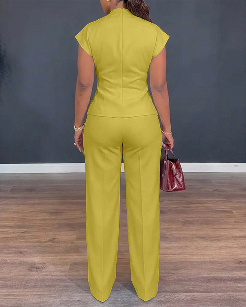 2 Pieces Outfit V-Neck Short Sleeve Twist Front Zipper Back Top and Straight Leg Pants Set Casual Commuting Set