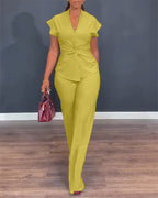 2 Pieces Outfit V-Neck Short Sleeve Twist Front Zipper Back Top and Straight Leg Pants Set Casual Commuting Set