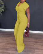 2 Pieces Outfit V-Neck Short Sleeve Twist Front Zipper Back Top and Straight Leg Pants Set Casual Commuting Set