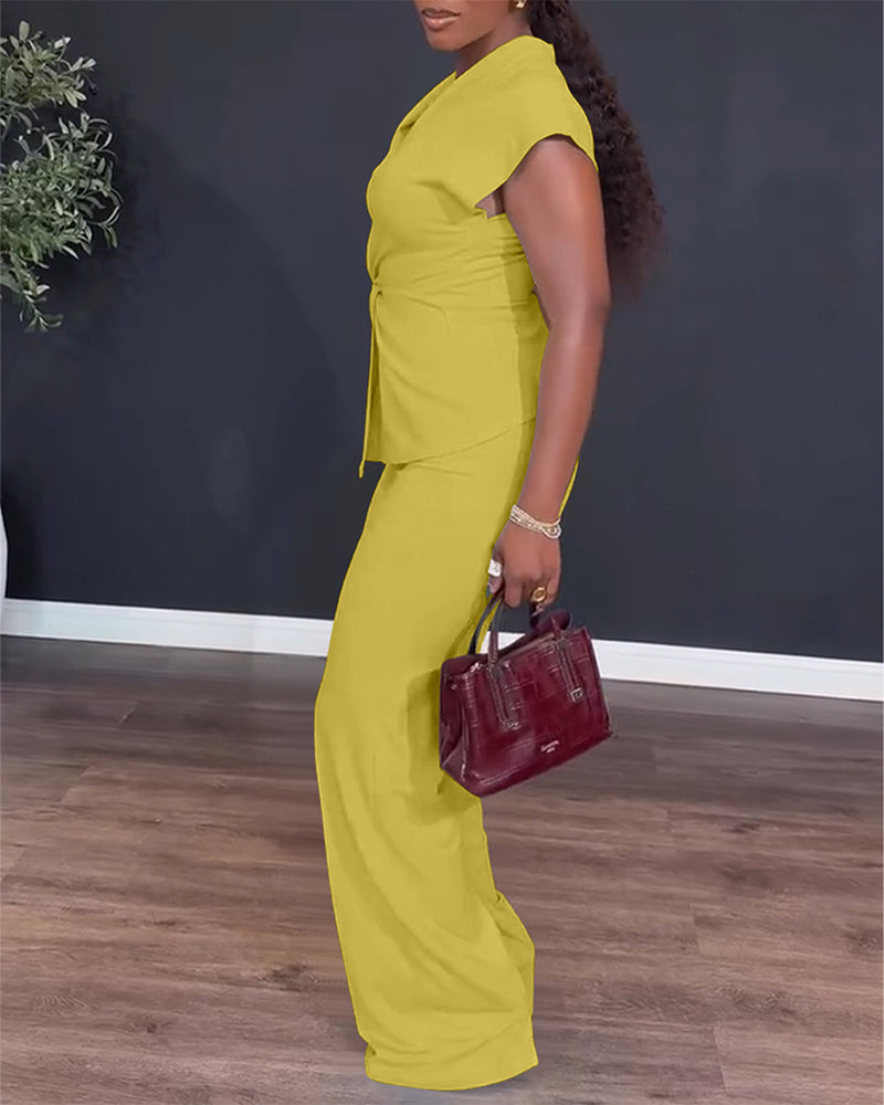 2 Pieces Outfit V-Neck Short Sleeve Twist Front Zipper Back Top and Straight Leg Pants Set Casual Commuting Set