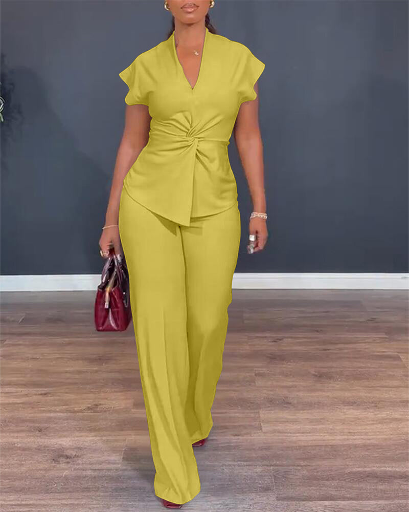 2 Pieces Outfit V-Neck Short Sleeve Twist Front Zipper Back Top and Straight Leg Pants Set Casual Commuting Set