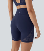 SoftlyzeroTM High Waisted Crossover Contrast Lace Yoga Biker Shorts 7'' with Pockets-UPF50+