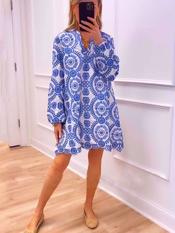 NEW🔥 Printed Lace Trim V Neck Shirt Dress
