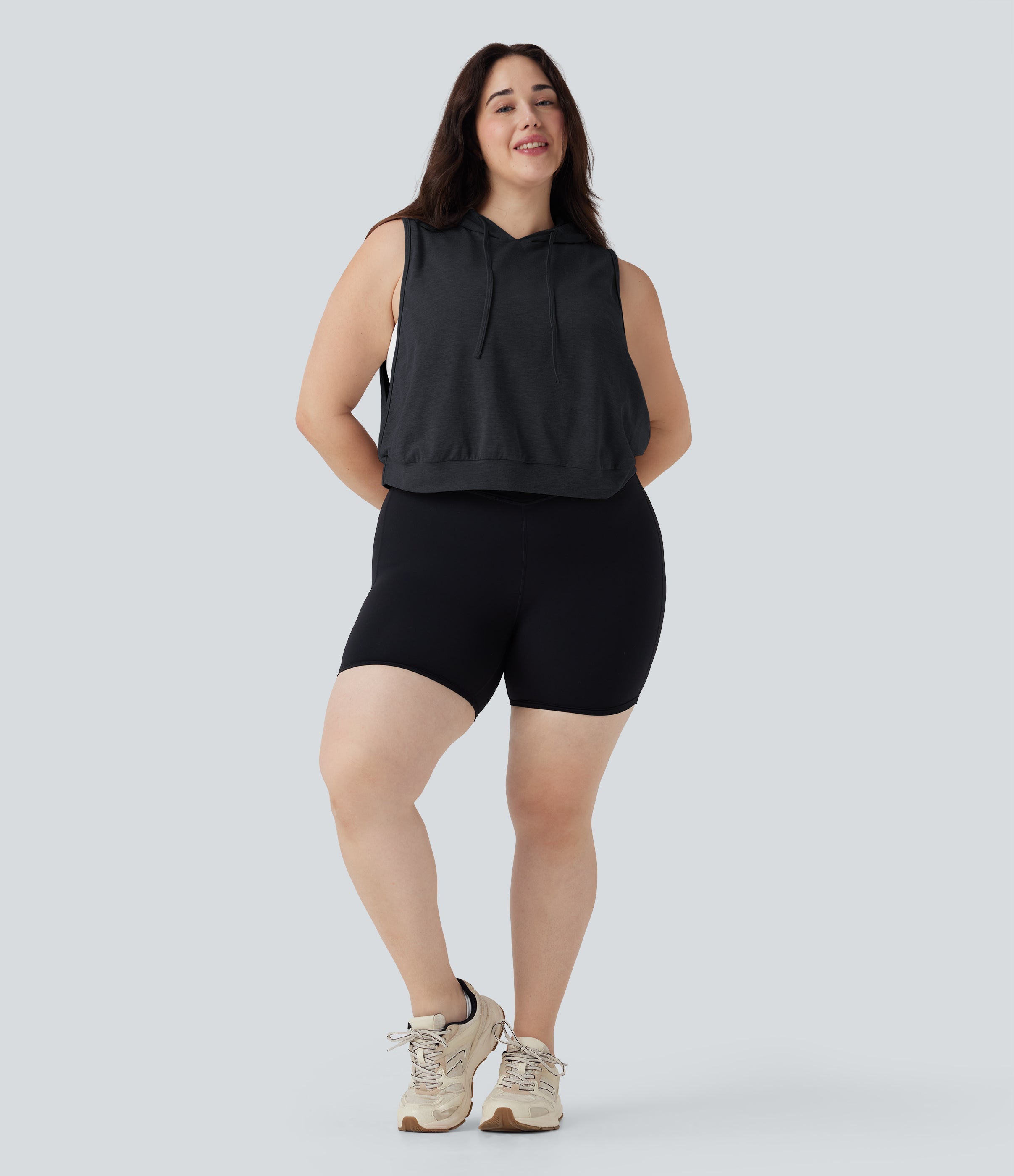 Hooded Drawstring Sleeveless Cropped Running Plus Size Tank Top