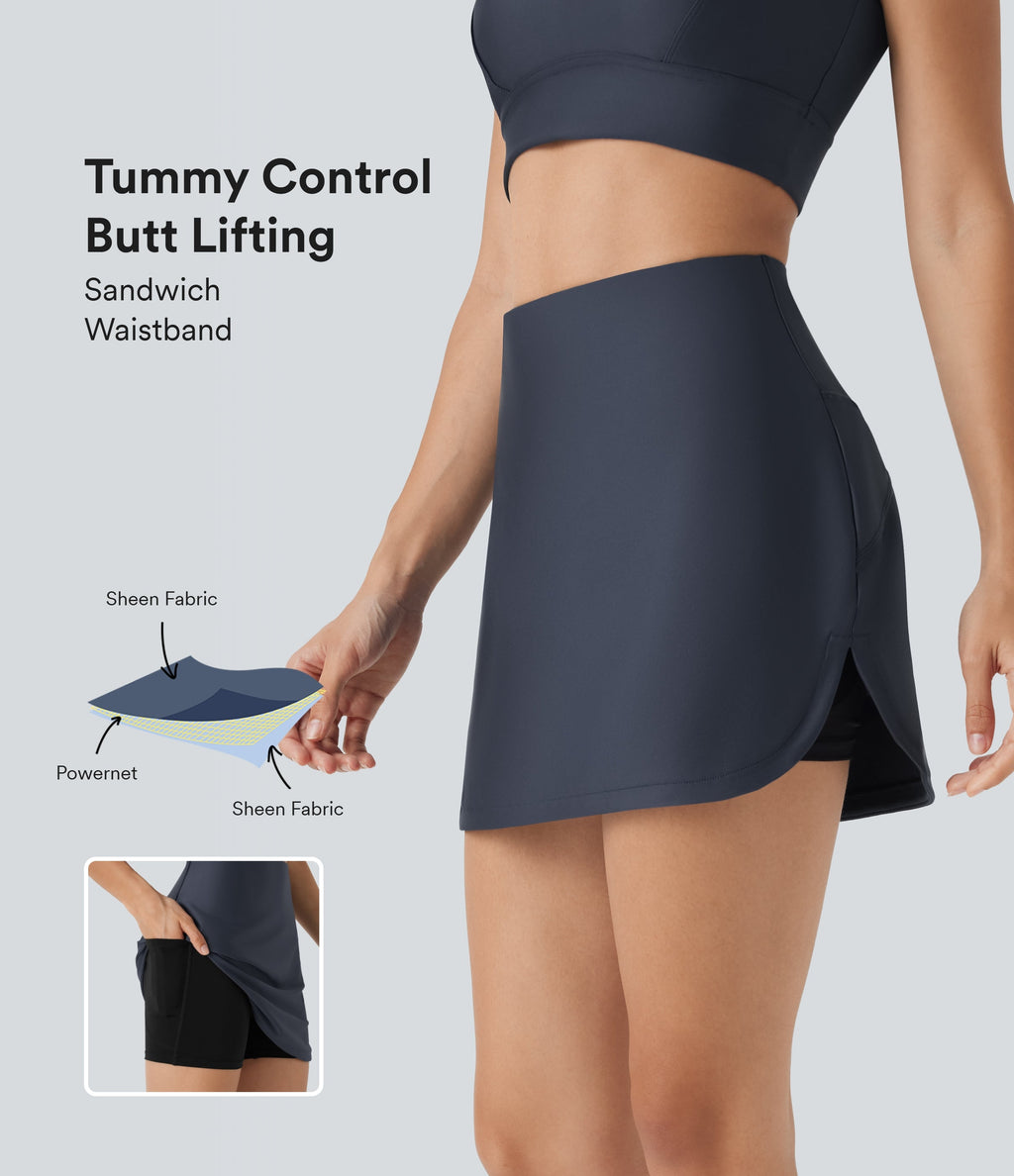 SoCinched High Waisted Tummy Control Butt Lifting Curved Hem 2-in-1 Sheen Yoga Skirt with Pockets