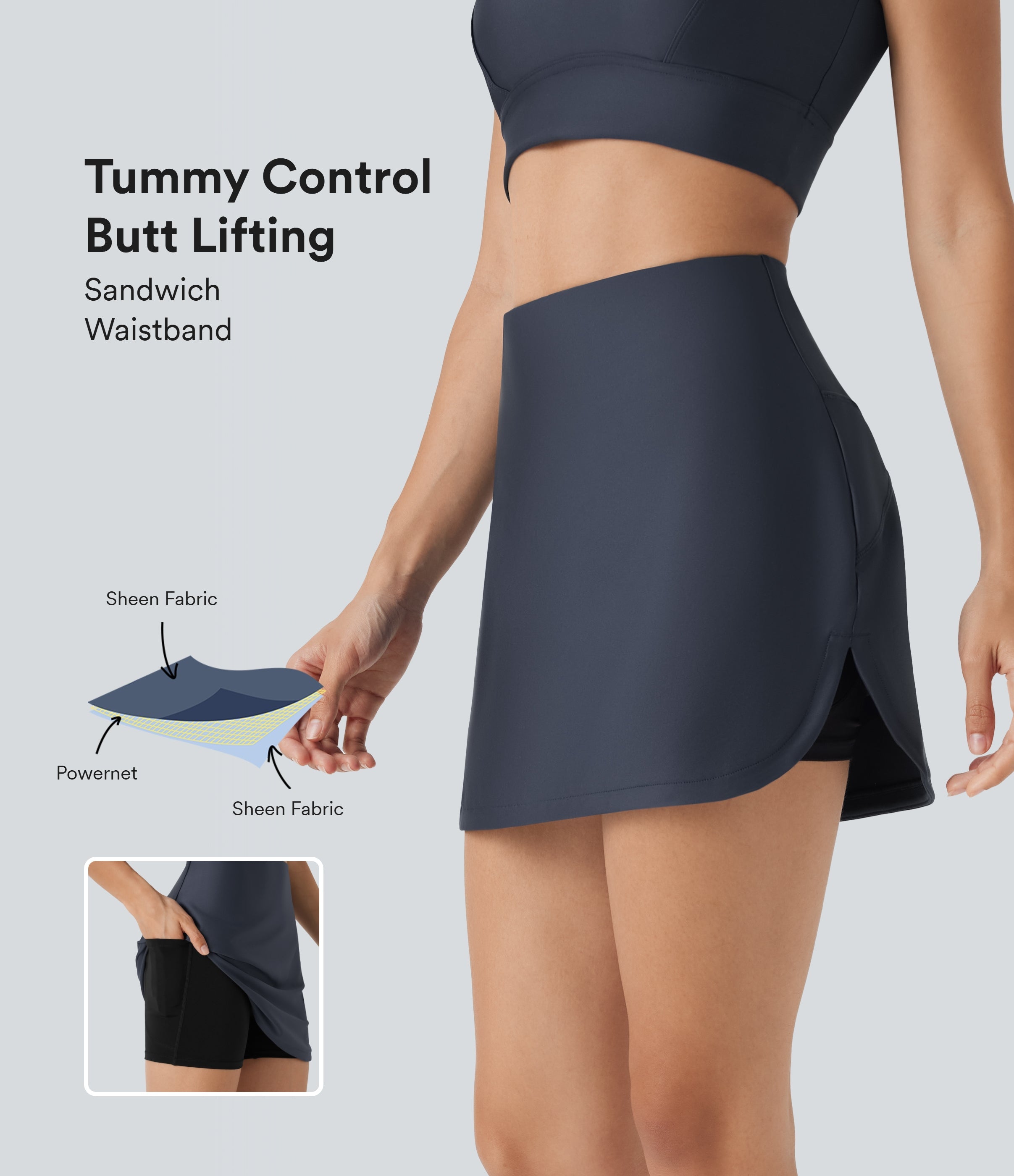 SoCinched High Waisted Tummy Control Butt Lifting Curved Hem 2-in-1 Sheen Yoga Skirt with Pockets