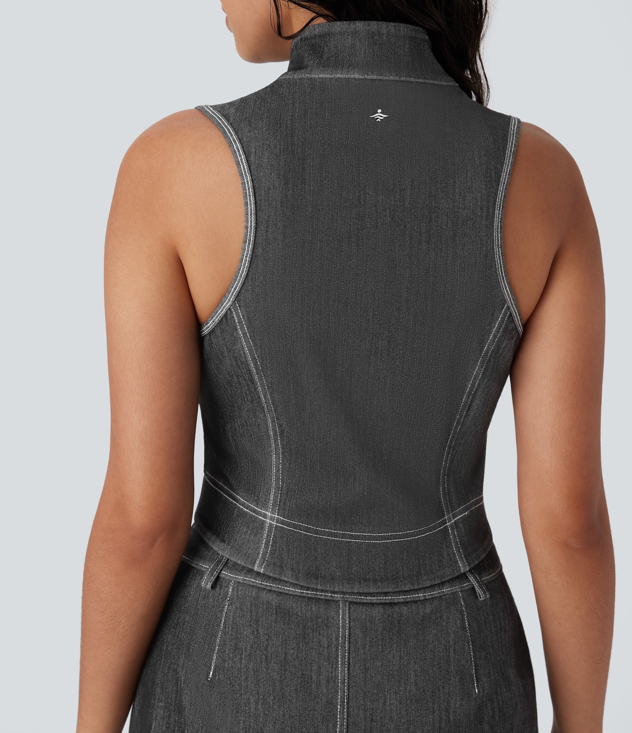 FlexTM Stand Collar Zipper Cool Touch Washed Denim Tennis Tank Top