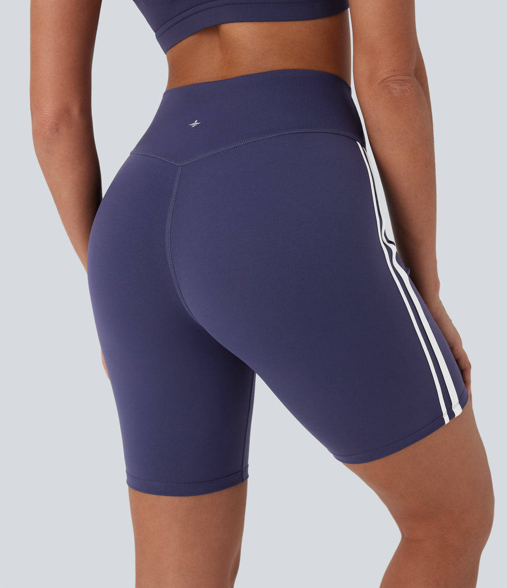 Crossover Mid Rise Color Block Stripe Yoga Biker Shorts 7''