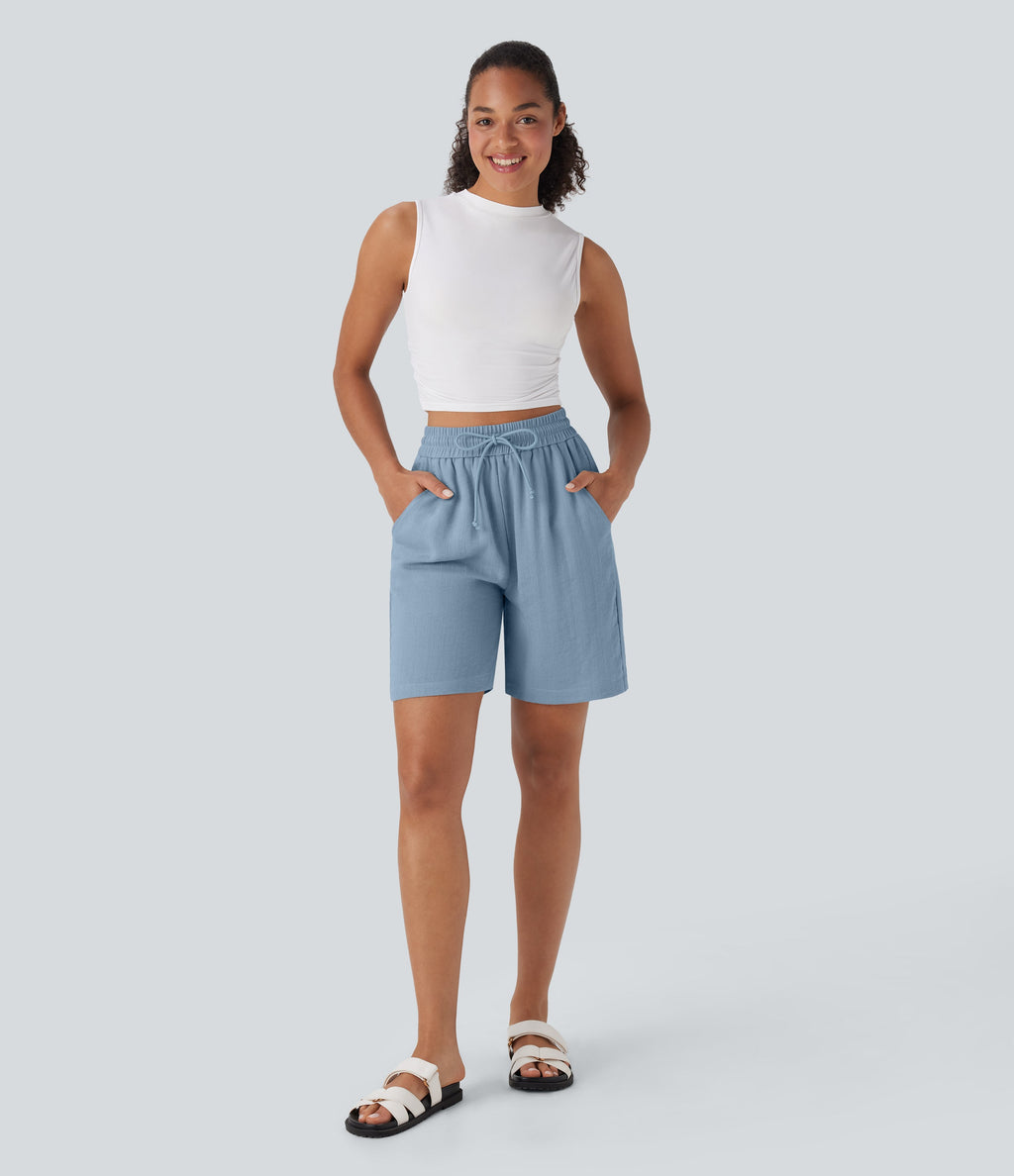 High Waisted Drawstring Casual Linen-Feel Shorts with Pockets