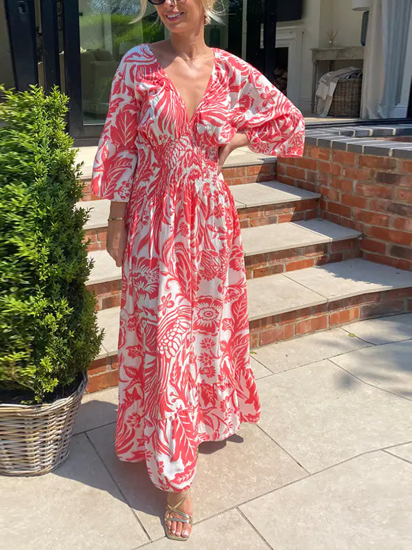 NEW🔥 V Neck Elastic Waist Printed Dress