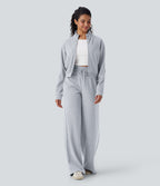 2026🔥 Ribbed SoCinched High Waisted Tummy Control Drawstring Wide Leg Color Block Casual Trousers with Pockets