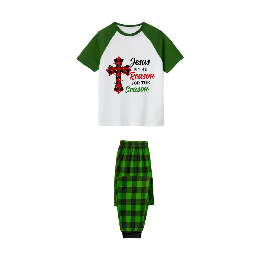 White Top Green Sleeves Green Plaid Pants Pajamas Set With "Jesus Is The Reason For The Season" Slogan Print