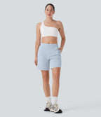 Mid Rise Side Pockets Curved Hem Yoga Bermuda Shorts
