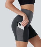 High Waisted Color Block Contrast Mesh Quick Dry Yoga Biker Shorts 7'' with Pockets