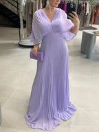 NEW🔥 V Neck Chiffon Back Tie Zipper Bat Sleeve Dress- Tax Free