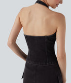 FlexTM Halter Zipper Washed Denim Casual Tank Top