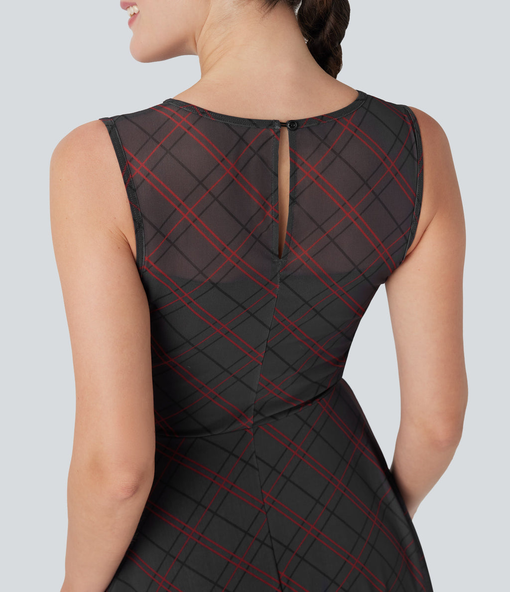 Sleeveless Plaid Contrast Mesh 2-in-1 Mini Casual Dress with Pocket