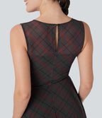 Sleeveless Plaid Contrast Mesh 2-in-1 Mini Casual Dress with Pocket