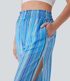High Waisted Shirred 2-in-1 Stripe Casual Joggers with Pockets
