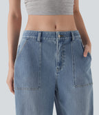FlexTM Low Rise Rolled Hem Washed Casual Baggy Jeans with Pockets