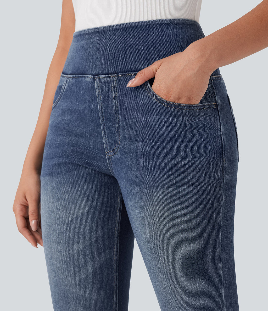 FlexTM High-Waisted Denim Casual Capri Leggings with Pockets