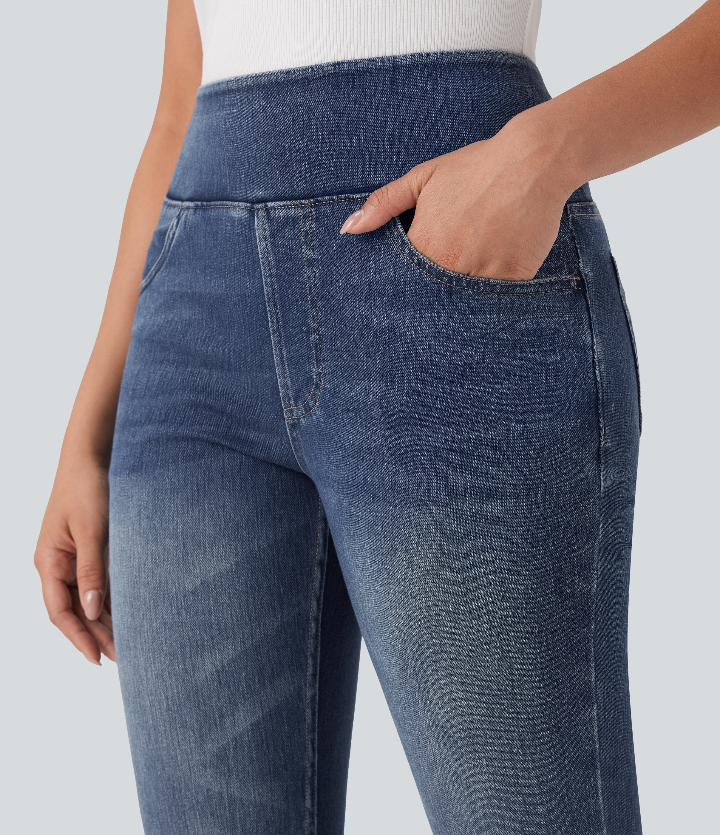 FlexTM High-Waisted Denim Casual Capri Leggings with Pockets