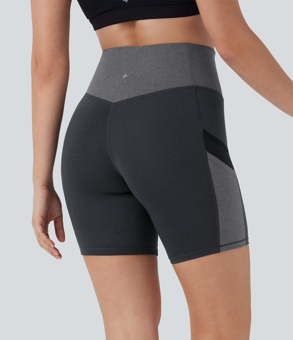 High Waisted Color Block Contrast Mesh Quick Dry Yoga Biker Shorts 7'' with Pockets