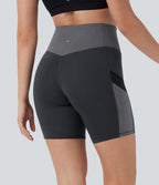 High Waisted Color Block Contrast Mesh Quick Dry Yoga Biker Shorts 7'' with Pockets
