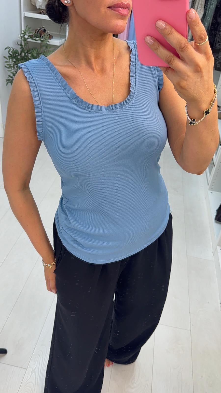 Sashia Plain Ribbed Frill Trim Vest Top