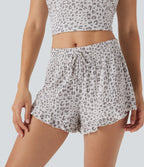 Mid Rise Drawstring Ruffle Hem Leopard Print Lounge Shorts