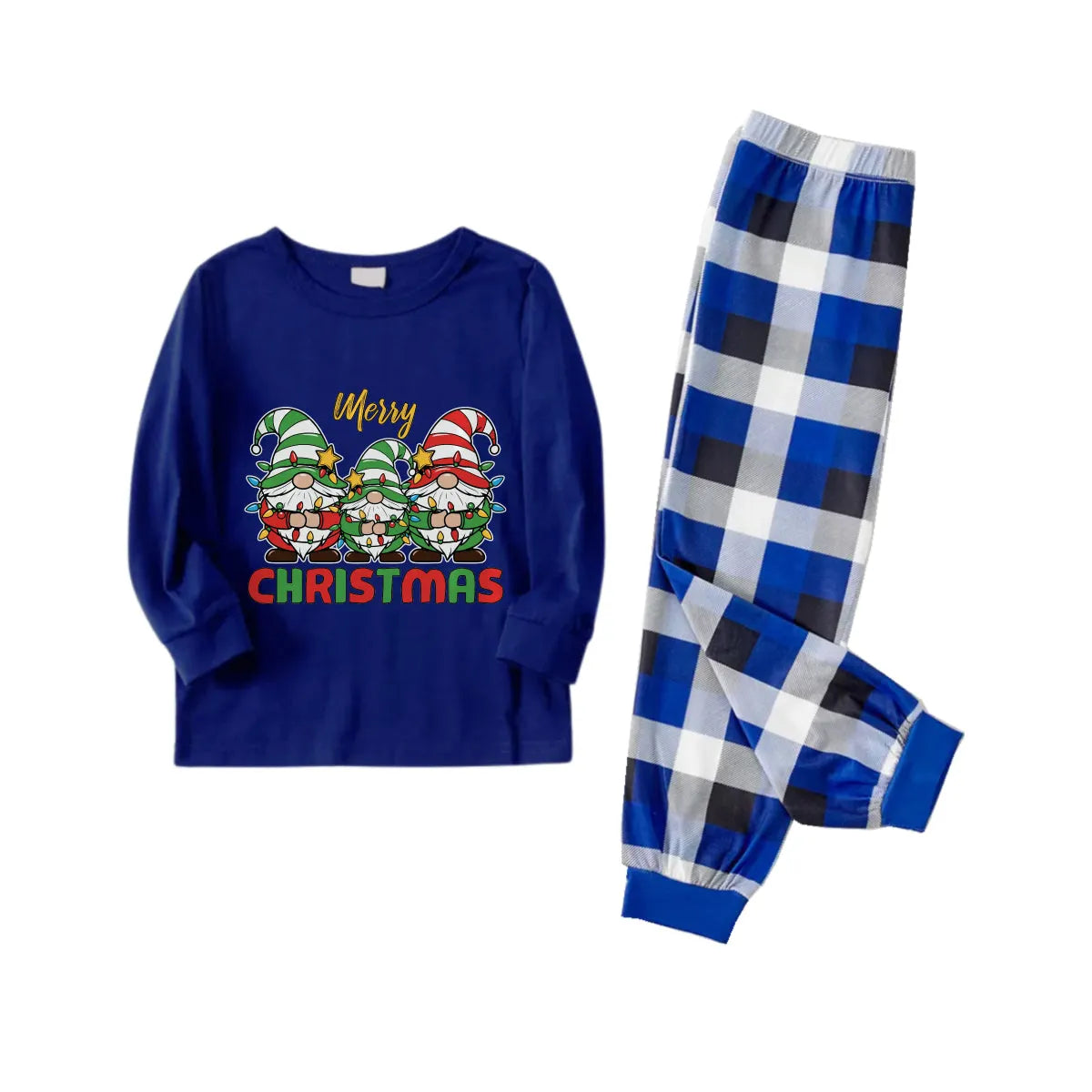 Christmas Family Matching Pajamas-Navy & White Plaid Pjs Set with Gnome and "Merry Christmas" Print