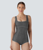 FlexTM Square Neck Racerback Cool Touch Washed Denim Tennis Bodysuit