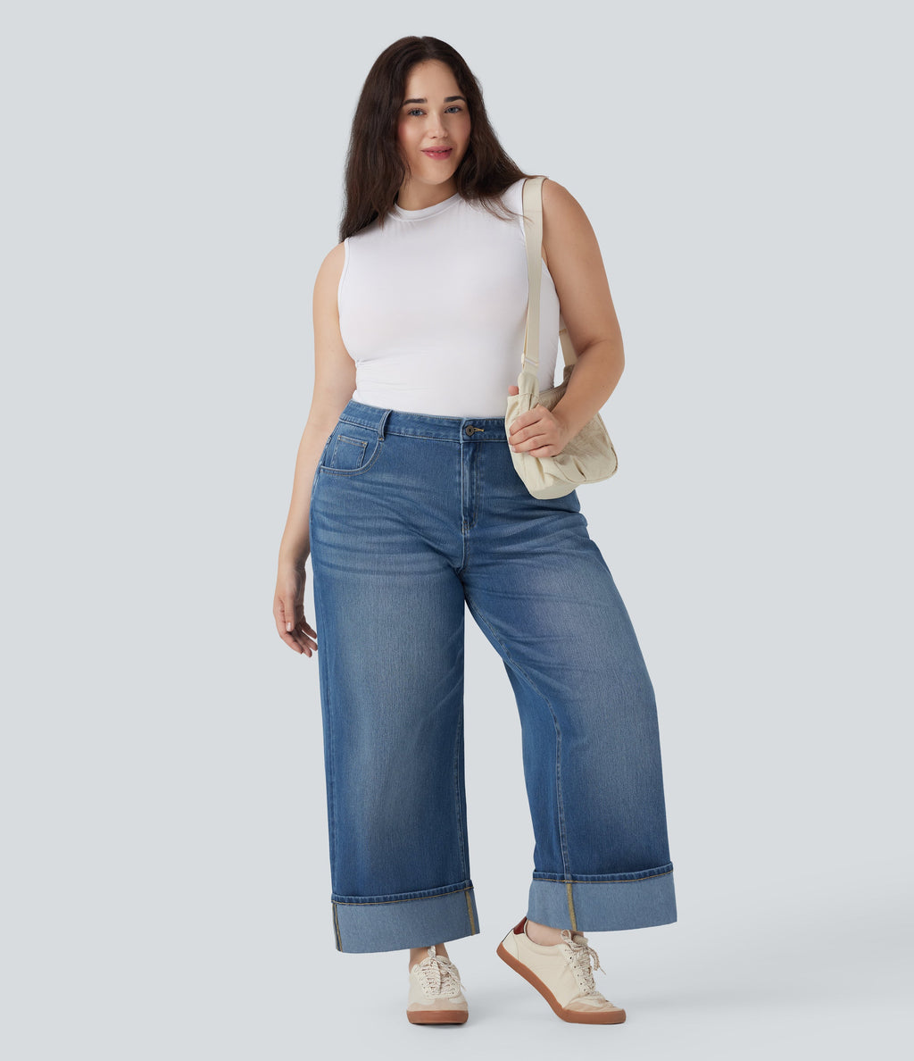 Plus Size FlexTM High Waisted Wide Leg Rolled Hem Washed Stretchy Knit Casual Jeans with Pockets