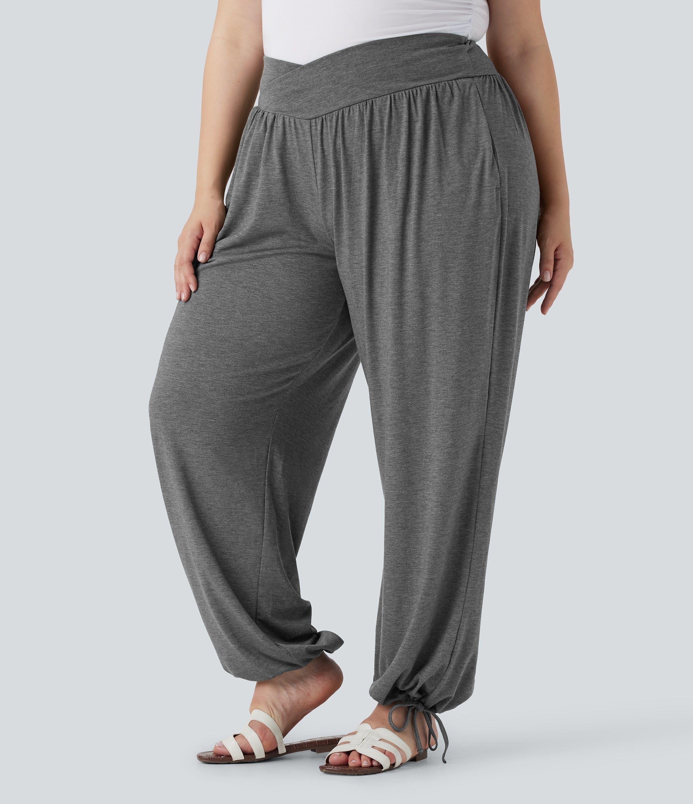 Plus Size Crossover High Waisted Drawstring Casual Joggers with Pockets