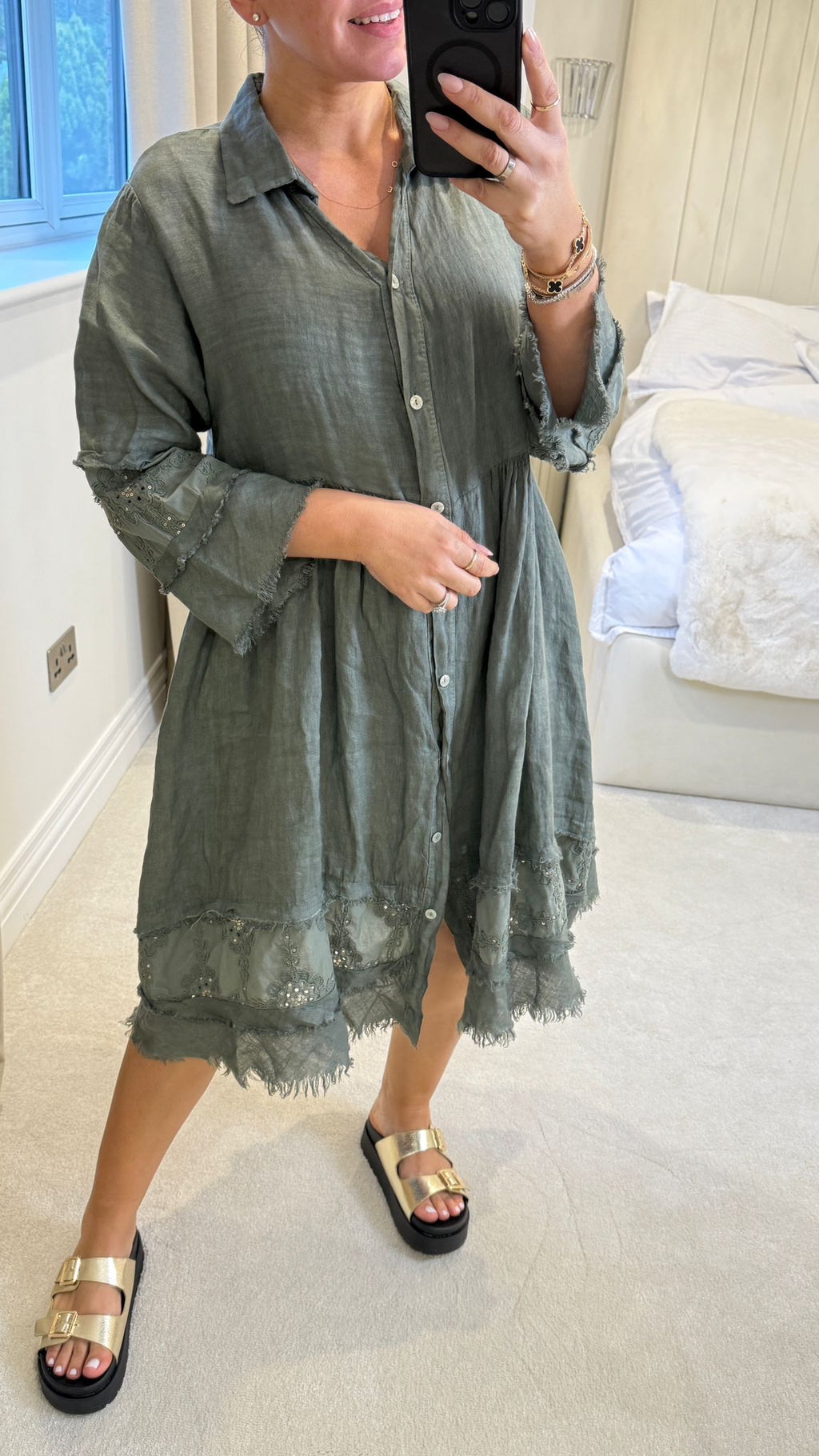 Penny Button Front Embellished Linen Dress