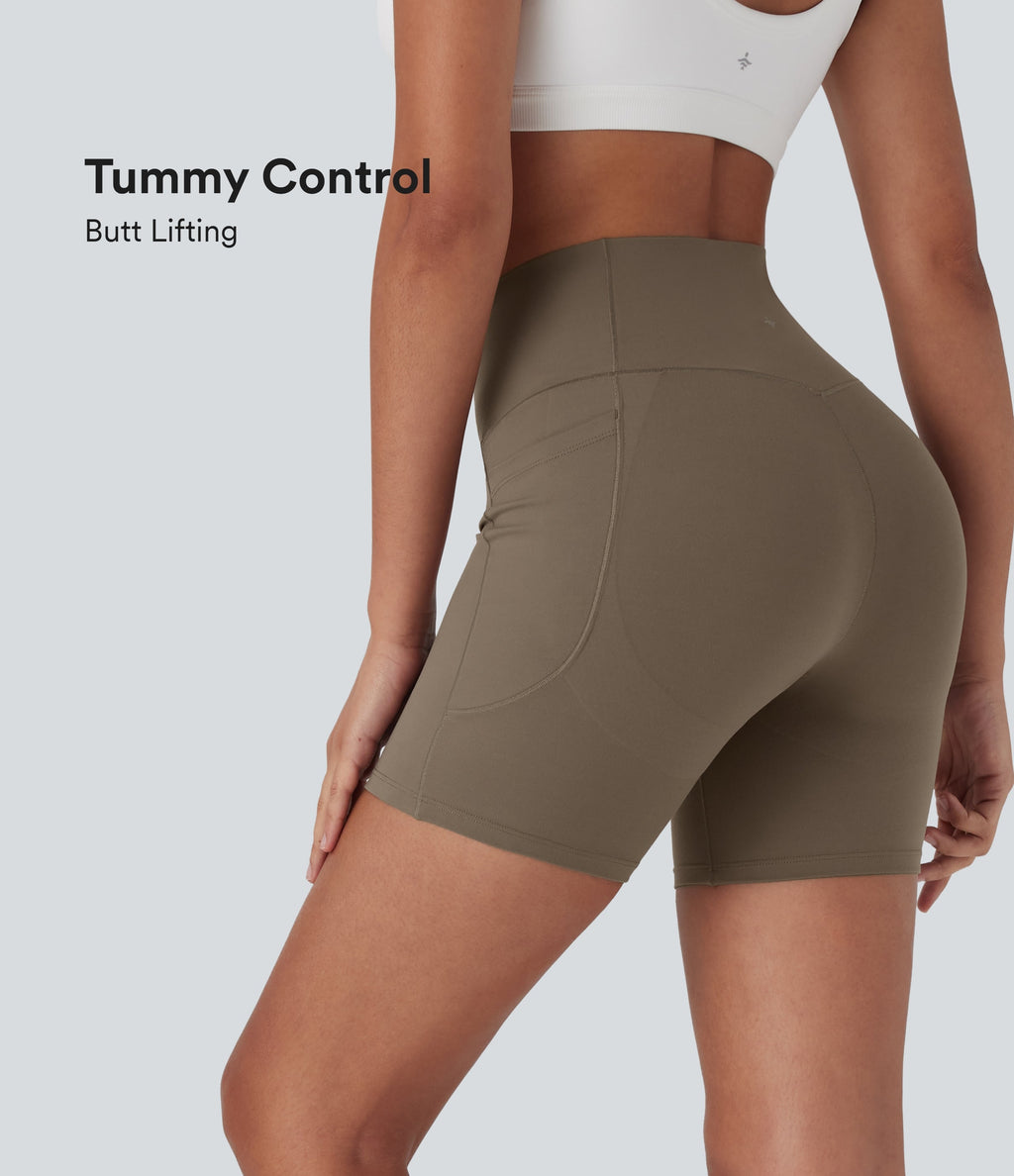 UltraSculptTM High Waisted Crossover Tummy Control Butt Lifting Yoga Biker Shorts 5'' with Pockets